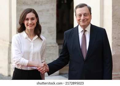 ROME, ITALY - MAY 18, 2022: Mario Draghi, Italy's Prime Minister Meeting Sanna Marin, Finland's Prime Minister, At The Chigi Palace.