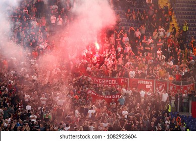 ROME, ITALY - MAY 2,2018:  Fans of Liverpool during football match UEFA Champions League football, semi final, second leg; AS Roma versus Liverpool at the Olimpic Stadium in Rome.