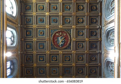 ROME, ITALY -  MAY 27, 2017: Interior of the San Marco minor basilica, detail of the wooden coffered ceiling with Papal coat of arms - Shutterstock ID 656083819