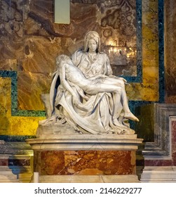 Rome, Italy - May 27, 2018: Pieta, The Piety, Renaissance sculpture by Michelangelo Buonarroti in St. Peter's Basilica, San Pietro of Vatican City in Rome
