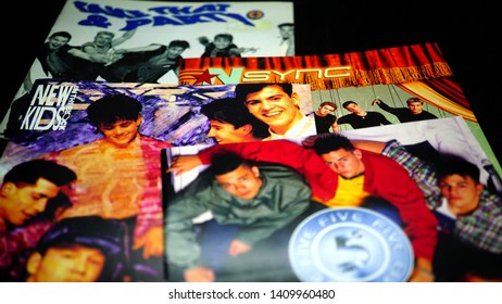 Rome, Italy - May 27, 2019: CD Covers Of 90s Boy Bands. The Term Starts To Be Used From The Mid-eighties, When New Kids On The Block Is Formed In The United States