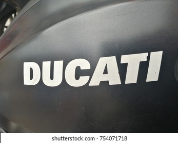 Rome, Italy - November 10, 2017: Ducati Logo On Black Motorbike. Ducati Motor Holding S.p.A. Is An Italian Company That Designs And Manufactures Motorcycles