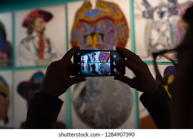 Rome, Italy - November 10 2018: Woman Take Photo Of Andy Warhol Exhibition