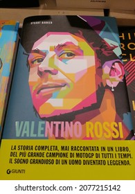 Rome, Italy - November 16, 2021, Detail Of The Cover Of The Biography Of Valentino Rossi, Giunti Edition.