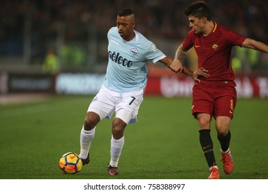 Rome, Italy - November 18, 2017: Nani And Perotti In Action During The Italian Serie A League Match Between Roma And Lazio In Olimpic Stadium.