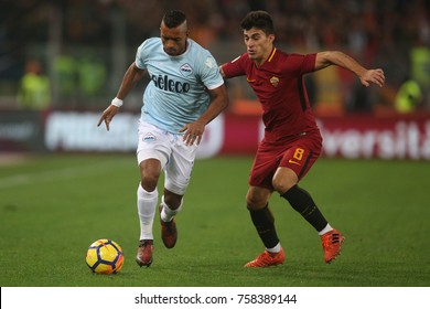 Rome, Italy - November 18, 2017: Nani And Perotti In Action During The Italian Serie A League Match Between Roma And Lazio In Olimpic Stadium.