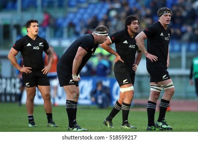 Rome, Italy November 2016:New Zealand team    in action during the match  in  the  Test match rugby 2016 Italy versus New Zeland in Olimpic Stadium in Rome on 12 november 2016.