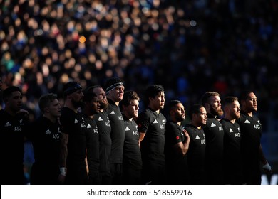 Rome, Italy November 2016:New Zeland Team  During The National Anthem In  The  Test Match Rugby 2016 Italy Versus New Zeland In Olimpic Stadium In Rome On 12 November 2016.