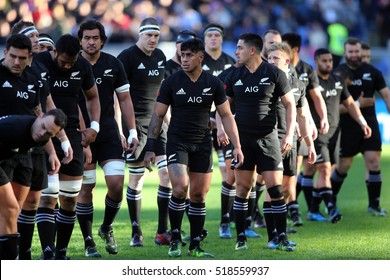 Rome, Italy November 2016:New Zeland team  during the national anthem in  the  Test match rugby 2016 Italy versus New Zeland in Olimpic Stadium in Rome on 12 november 2016.