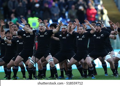 Rome, Italy November 2016:The New Zeland team perform the Haka dance.  during the national anthem in  the  Test match rugby 2016 Italy versus New Zeland in Olimpic Stadium in Rome on 12 november 2016.