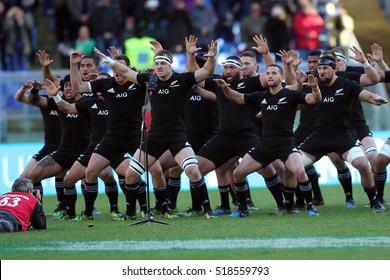 Rome, Italy November 2016:The New Zeland team perform the Haka dance.  during the national anthem in  the  Test match rugby 2016 Italy versus New Zeland in Olimpic Stadium in Rome on 12 november 2016.
