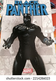 Rome, Italy - October 14, 2022, Detail Of The Cover Of A Black Panther (T'Challa) Comic Book Character Created By Stan Lee (lyrics) And Jack Kirby (drawings), Published By Marvel Comics.