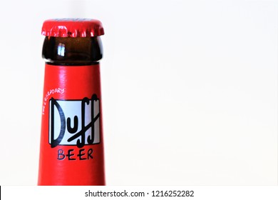 Rome, Italy - October 2018. Close-up of a bottle of Duff beer. The favorite beer of Homer Simpson