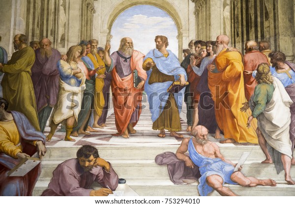 ROME, ITALY - OCTOBER 21, 2017: Raphael, detail of Plato and Aristotle in center, School of Athens, 1509-1511, fresco (Stanza della Segnatura, Palazzi Pontifici, Vatican)