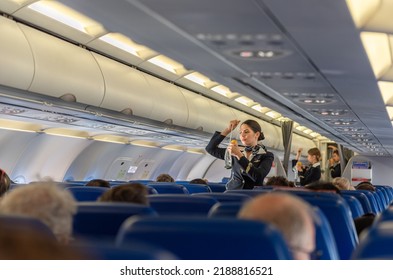 ROME, ITALY - OCTOBER 23, 2019: Aeroflot Russian Airlines Cabin Crew Safety Demonstration In Airplane Before Departure.