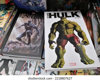 Rome, Italy - October 25, 2022, Detail Of The Cover Of The Comic Io Sono Hulk - Anniversary Edition, And In The Background Io Sono Black Panther - Anniversary Edition, With Other Heroes.