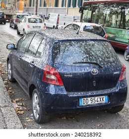 ROME, ITALY - OCTOBER 29, 2014: This may happen if you park your car under a tree with lots of birds. Nature strikes back.