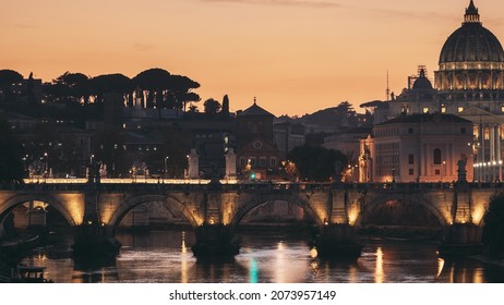 Rome, Italy. Papal Basilica Of St. Peter In The Vatican And Aelian Bridge In Evening Night Illuminations. Day To NIght Time Lapse. Sunset Time.