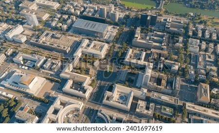 Rome, Italy. Piazza Guglielmo Marconi. District EUR - Quarter is a vast complex of buildings built on the orders of dictator Benito Mussolini, Aerial View  