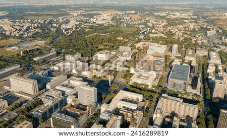 Rome, Italy. Piazza Guglielmo Marconi. District EUR - Quarter is a vast complex of buildings built on the orders of dictator Benito Mussolini, Aerial View  