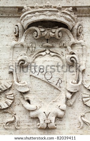 Rome, Italy. Roman symbol SPQR, Italian architecture detail.