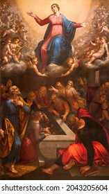 ROME, ITALY - SEPTEMBER 1, 2021: The painting Assumption of Virgin Mary in the church Santa Maria in Monserrato by Francesco di Citta di Castello (1551).
