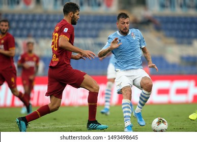 Rome, Italy - September 1,2019: Francesco Acerbi (LAZIO), Federico Fazio (AS ROMA) in action during the Serie A soccer match derby between SS LAZIO and AS ROMA, at Olympic Stadium in Rome.