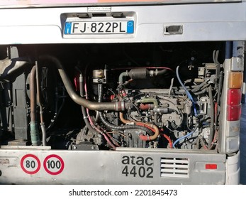 Rome, Italy - September 13, 2022, Detail Of The Engine Of An ATAC Fleet Bus.