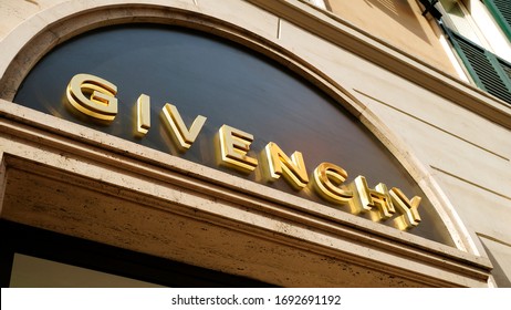 Rome, Italy - September 15, 2019: Golden GIVENCHY Sign Of Their Store In Rome. The Most Famous Testimonial Of The Brand Was Audrey Hepburn, Thanks Also To The Film Breakfast At Tiffany's