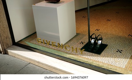 Rome, Italy - September 15, 2019: Golden GIVENCHY Sign Of Their Store In Rome. The Most Famous Testimonial Of The Brand Was Audrey Hepburn, Thanks Also To The Film Breakfast At Tiffany's