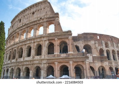 Rome, Italy - September 20 2020: Ancient Roman Amphitheater And Gladiator Arena Colosseum Aerial View, Heart Of Roman Empire, Famous Tourist Landmark, Guided Tour Concept, Rome, Italy