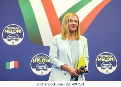 Rome, Italy - September 26, 2022: Giorgia Meloni, Leader Of Brothers Of Italy, Reacts After Winning The Elections At The Party's Night Event.