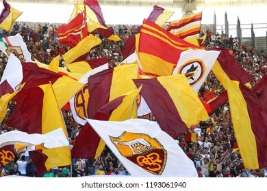 ROME, ITALY - SEPTEMBER 29,2018: Fans Of Roma During Football Match Serie A League 2018/2019 Between AS Roma Vs SS Lazio At The Olimpic Stadium In Rome.