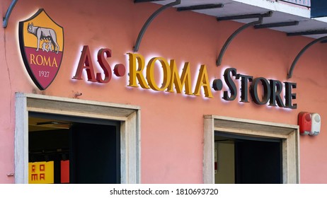 ROME, ITALY - SEPTEMBER 5, 2020: Tourism In Spanish Steps Area. AS Roma Football Club Store 