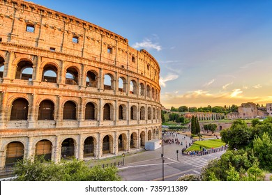 Rome Italy, Sunset City Skyline At Colosseum (Coliseum)