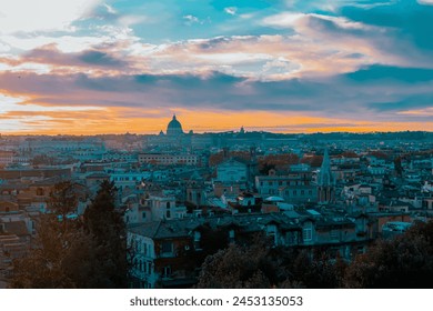 Rome, Italy at sunset. Cityscape with an amazing sky in pastel colors and a beautiful view of the city with the domes of church basilicas. - Powered by Shutterstock