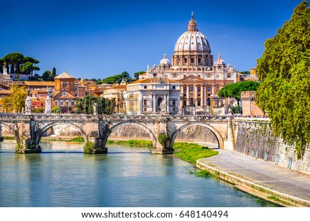Rome, Italy. Vatican dome of Saint Peter Basilica (Italian: San Pietro) and Sant'Angelo Bridge, over Tiber river.