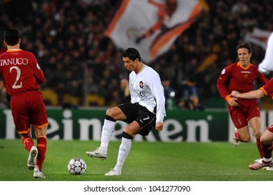 ROME, ITALY-APRIL 05, 2007: Cristiano Ronaldo Of Manchester United In Action, During The UEFA Champions League Match AS Roma Vs Manchester United, At The Olimpic Stadium, In Rome.