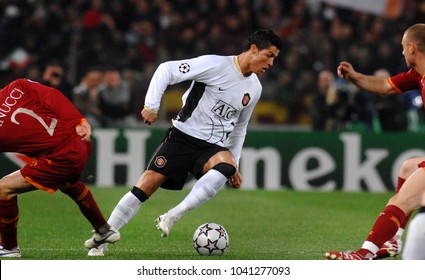 ROME, ITALY-APRIL 05, 2007: Cristiano Ronaldo Of Manchester United In Action, During The UEFA Champions League Match AS Roma Vs Manchester United, At The Olimpic Stadium, In Rome.