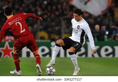 ROME, ITALY-APRIL 05, 2007: Cristiano Ronaldo Of Manchester United In Action, During The UEFA Champions League Match AS Roma Vs Manchester United, At The Olimpic Stadium, In Rome.