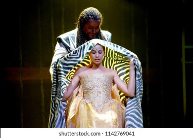 ROME - July 20, 2018: The Actors Maurizio Donadoni E Maria Chiara Centorami Play Othello And Desdemona At The Globe Theater Of Rome