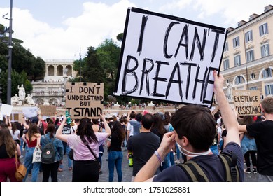 Rome - June 22, 2020: against racism and the killing of Geoge Floyd. The participants remained on their knees and with a high fist for 8'46 '' the time that the Minneapolis policeman kept Floyd stuck