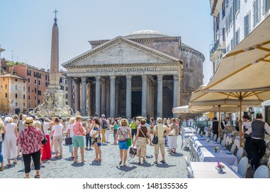 Rome Lazio Italy August 4 2014 Front Elevation Of The Pantheon & Coffered Dome Ceiling And  Occulus