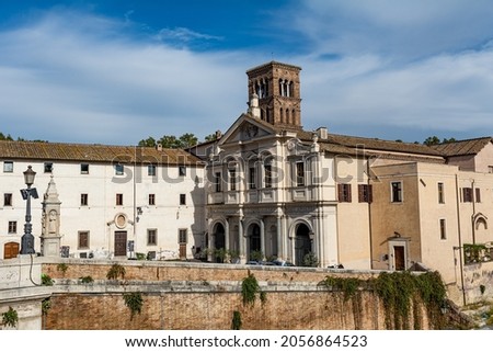 Rome, Lazio, Italy - October 12, 2021: Basilica of St. Bartholomew (San Bartolomeo all'Isola) on the Tiber Island