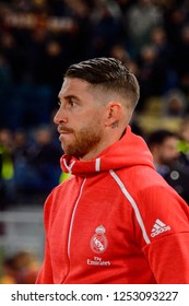 ROME - NOV 27, 2018: Sergio Ramos 4 Close Up Portrait. AS Roma - Real Madrid. UEFA Champions League.  Group Stage. Matchday 5. Stadio Olimpico