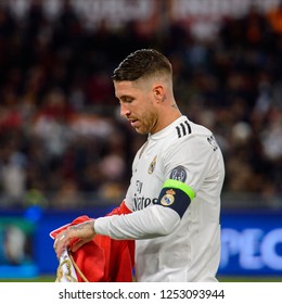 ROME - NOV 27, 2018: Sergio Ramos 4 Close Up Portrait. AS Roma - Real Madrid. UEFA Champions League.  Group Stage. Matchday 5. Stadio Olimpico