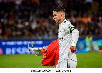 ROME - NOV 27, 2018: Sergio Ramos 4 Close Up Portrait. AS Roma - Real Madrid. UEFA Champions League.  Group Stage. Matchday 5. Stadio Olimpico