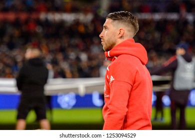 ROME - NOV 27, 2018: Sergio Ramos 4 Close Up Portrait. AS Roma - Real Madrid. UEFA Champions League.  Group Stage. Matchday 5. Stadio Olimpico