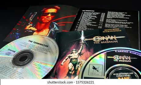 Rome, November 02, 2019: Cover And Artwork Of Two Arnold Schwarzenegger Films. Terminator And Conan The Barbarian, 80's Cult