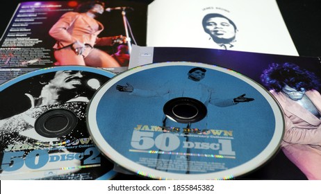 Rome, November 09, 2020: Cd And Artwork By American Singer, Songwriter, And Dancer JAMES BROWN. Probably One Of The Most Influential Artists For Many Who Became After Him A Precursor Of Genres